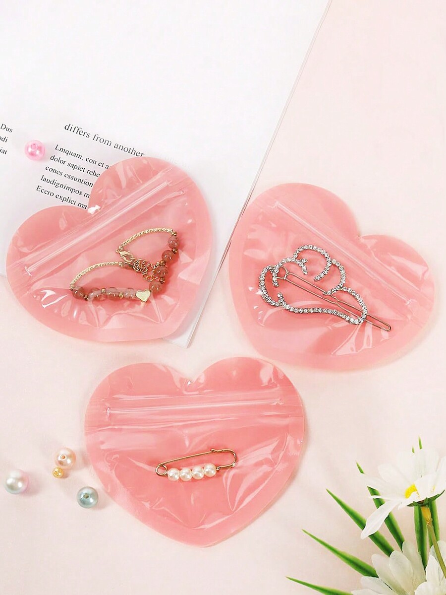 40pcs Transparent Pink Heart Shape Jewelry Gift Bag AntiOxidation Ziplock Pouch For Jewelry