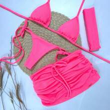 Kit Moda Praia Feminino Malibu – Saia + Biquíni Cortininha com Calcinha Laço