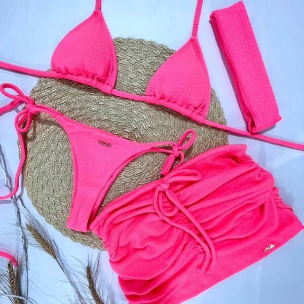 Kit Moda Praia Feminino Malibu – Saia + Biquíni Cortininha com Calcinha Laço