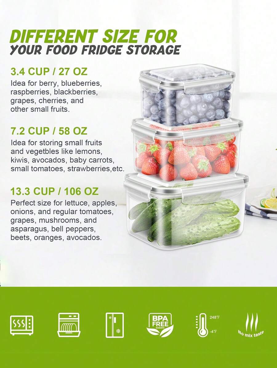 3 Packs Fridge Berry Storage Container With Lids With Strainer, Plastic