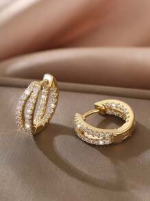 1pair Luxurious Copper & Rhinestone Inlaid Geometric Double Circle Earrings, Perfect For Date - Golden - View 3