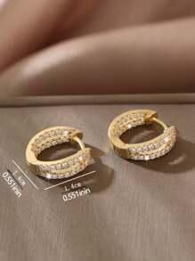 1pair Luxurious Copper & Rhinestone Inlaid Geometric Double Circle Earrings, Perfect For Date - Golden - View 5