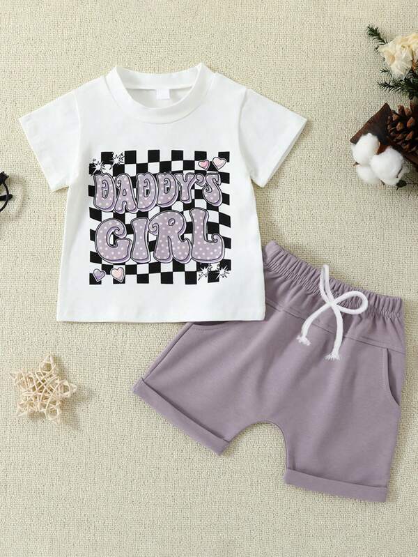 Baby Girl Summer Casual Set,Black And White Plaid With Alphabet Printing, Short Sleeve Round Neck T-Shirt And Solid Color Shorts