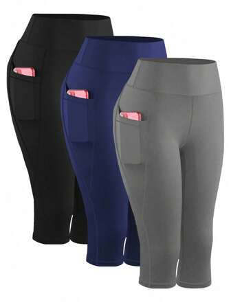 3-Piece Set Plus Size High Waist Tummy Control Printed Yoga Pants With Pockets, Tight Fit Workout Leggings