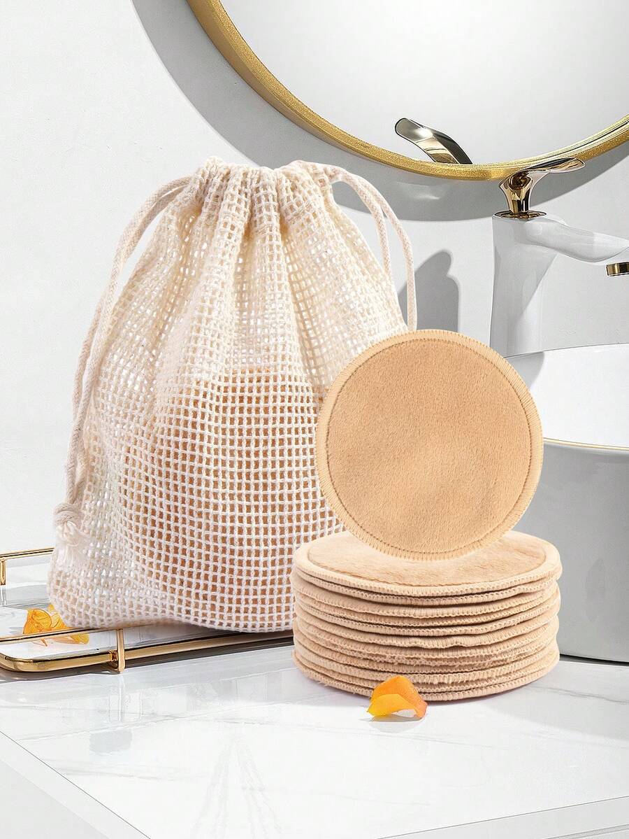 MAANGE 12pcs Reusable Bamboo Fiber Makeup Remover Pads With Pack,Washable Rounds Cleansing Facial Make Up Removal Pads Tool - Khaki - View 1