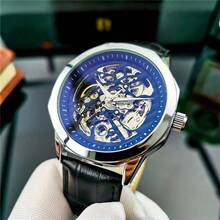 FENSIR 1 件男士自动镂空机械表，时尚简约防水夜光皮表带黑色男士腕表