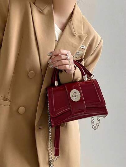 Fashionable All-Match New Design Chain Purse With Shiny Pu Material, Simple Casual Small Square Bag For Women With Shoulder Strap And Handle, Fashionable Burgundy Bag