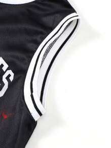 2pcs Summer Tween Boy Casual Sports Quick-Dry Mesh Outfit, Featuring Flat Collar, Letter & Flame Print Sleeveless Top And Shorts Set