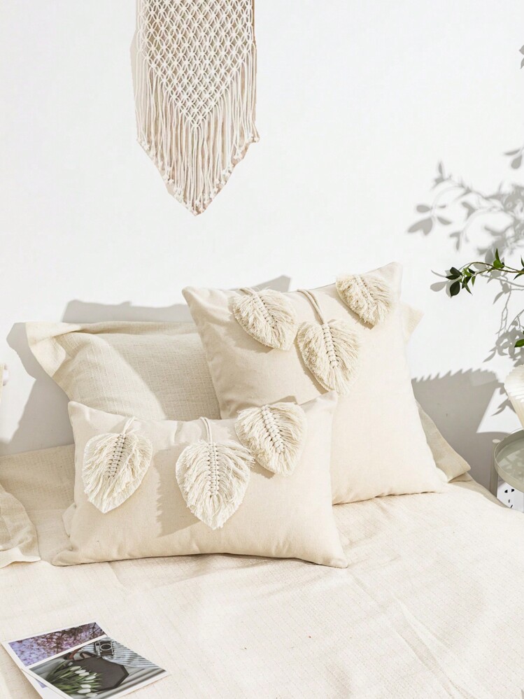 1 件/2 件叶子图案枕套，帆布面料农舍风格手工编织叶子装饰腰枕套，适用于客厅、卧室、沙发、花园、派对、节日、所有季节，12 英寸 X 20 英寸，18 英寸 X 18 英寸（无枕芯） - 米色 - 查看 9