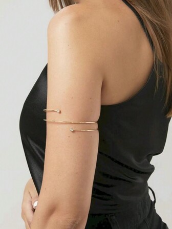 1 件个性化夸张几何线条设计金属袖口，带水钻，适合女性夏季日常穿着