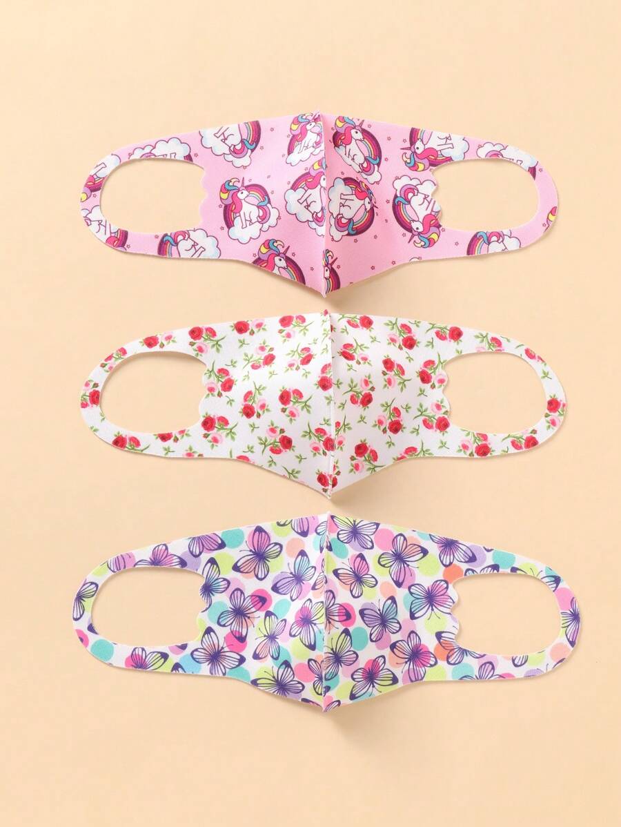 3pcs Kids Girls Unicorn, Butterfly & Flower Pattern Face Mask, With Slight Variations