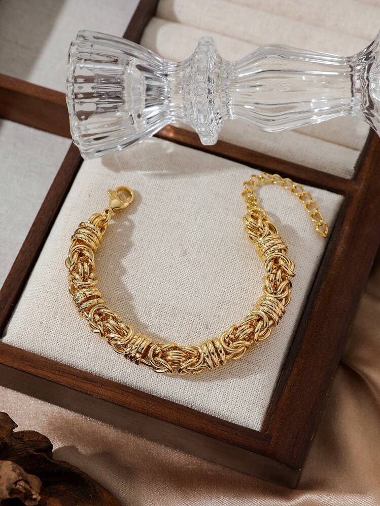 1Pc Heart Rhinestones Geometric Beaded Pearl Chain, Twist Chain, Back To Life Chain, Minimalist Plain Chain, Bangle Bracelet, Fashion Elegant Delicate Retro Design, Suitable For Holiday, Party, Dating, Gift, Everyday Wear - Yellow Gold - View 17