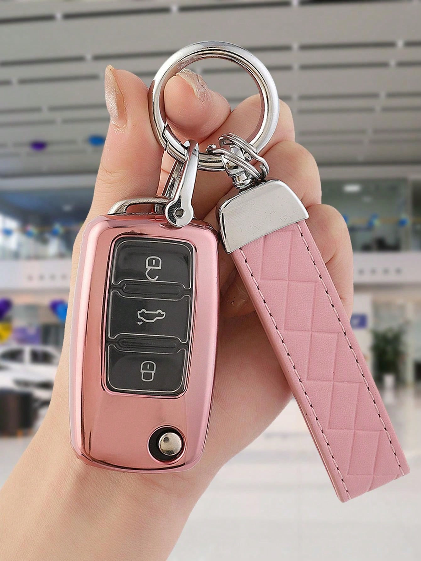 3pcs/Set Tpu Soft Shell Transparent Key Cover With Pink Leather Cord ...