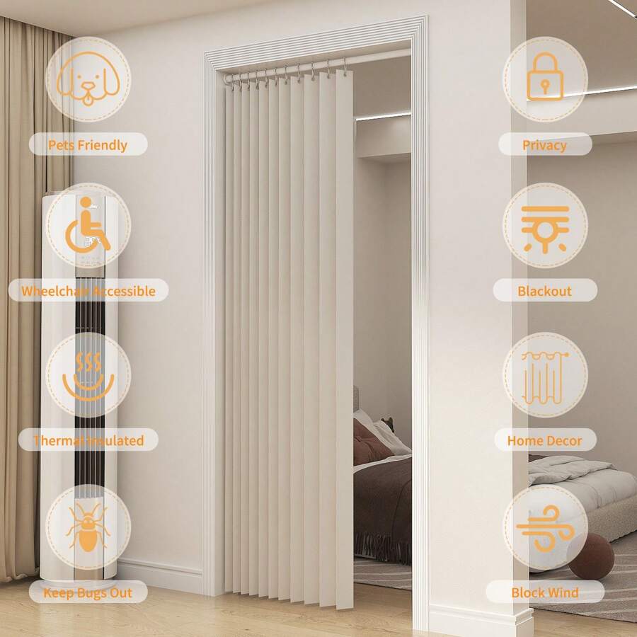 1 Set Of Pleated Blackout Curtain Set With Hooks, Wave Fold Door Window Curtains For Room Divider, Suitable For Living Room, Bedroom, Doorway, Patio, Office, Hallway, French Doors - Beige - View 1