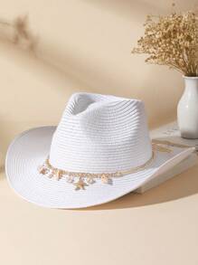 Sombrero De Vaquero De Paja Con Visera Para El Sol, Decoración De Concha Unisex, Para Fiesta, 1 Ud. - Camel - Ver 9
