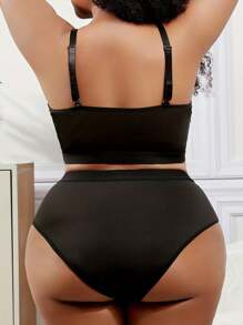 2 piezas Conjunto de lencería sexy de talla grande para mujer, hecho de material de seda de leche cómodo y delicado con elasticidad media, con detalles de encaje, acento de lazo frontal, tirantes elásticos ajustables, uso durante todo el año, look elegante y sexy - Negro - Ver 4