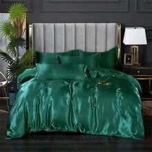 3pcs/Set Cool & Washed Silk Duvet Cover Set With Pillowcases, Modern Style Comfortable Soft Luxurious Double Bedding Set, Various Sizes Optional, Machine Washable, Suitable For Bedroom Home Use - Dark Green - View 1