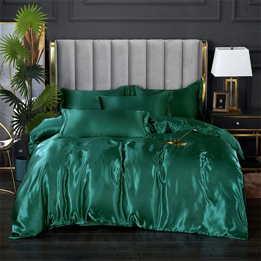3pcs/Set Cool & Washed Silk Duvet Cover Set With Pillowcases, Modern Style Comfortable Soft Luxurious Double Bedding Set, Various Sizes Optional, Machine Washable, Suitable For Bedroom Home Use - Dark Green - View 1