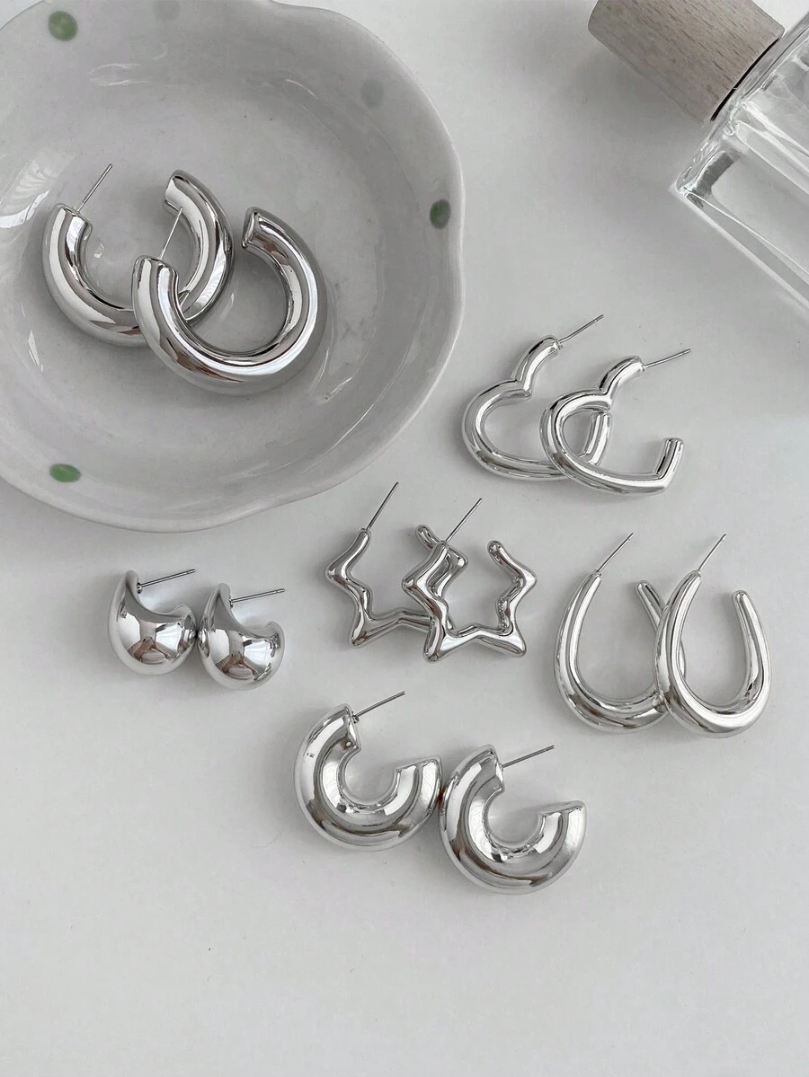 1set 6pairs Silver-Plated Geometric C Shape Hoop Earrings With Simple & Delicate Stars Design - Multicolor - View 1