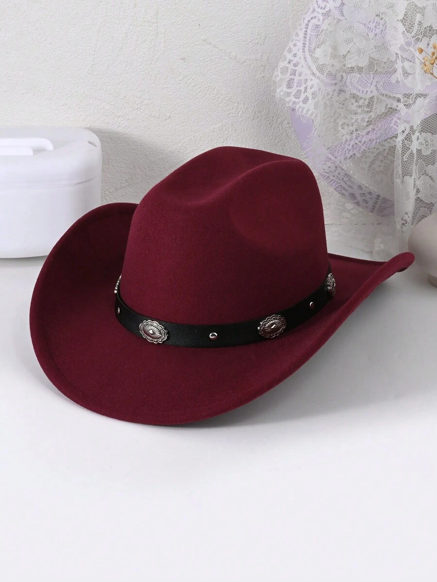 1pc Ladies' Solid Color Round Top Knit Felt Hat With Metal Studs & Pu Leather Strap Decor, Spring And Autumn Sun Protection, Fashionable All-Match Western Cowboy Hat And Wide Brim Fedora Suitable For Daily Wearing Boho Cowboy Hat Cowgirl Hat Halloween - Yiziding - View 1
