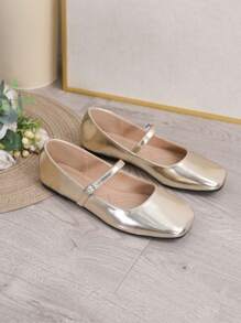 Women's Square Toe Quality Soft Leather Flat Shoes, Pumps For Office Lady With Vintage Gentle Fairy Style, Fit For Skirt - Gold - View 4