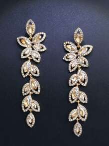 1 Pair Luxury Rhinestone Leaf-Shaped Long Earrings, Gift For Women Wedding Party Festival