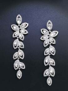 1 Pair Luxury Rhinestone Leaf-Shaped Long Earrings, Gift For Women Wedding Party Festival