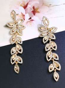 1 Pair Luxury Rhinestone Leaf-Shaped Long Earrings, Gift For Women Wedding Party Festival