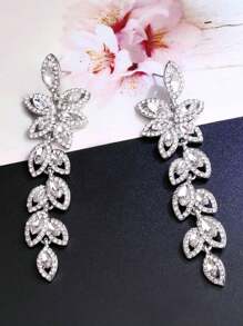1 Pair Luxury Rhinestone Leaf-Shaped Long Earrings, Gift For Women Wedding Party Festival