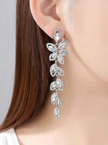1 Pair Luxury Rhinestone Leaf-Shaped Long Earrings, Gift For Women Wedding Party Festival