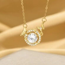 1pc Gold Stainless Steel Chain Plated Cubic Zirconia Round Pink & White Butterfly Design Necklace, Chic, Romantic, Korean Style, Minimalist, Fashion, Versatile, Gift For Women, Girls, Couples, Suitable For Street, Daily, Holiday, Party Wear - Fish Tail - View 3