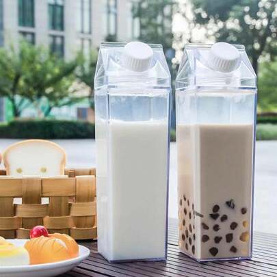 1入組透明方形水瓶,便攜式牛奶盒,可重複使用的飲料器皿,適用於牛奶咖啡、果汁飲料、戶外健身、登山等