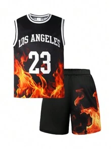 2pcs Summer Tween Boy Casual Sports Quick-Dry Mesh Outfit, Featuring Flat Collar, Letter & Flame Print Sleeveless Top And Shorts Set