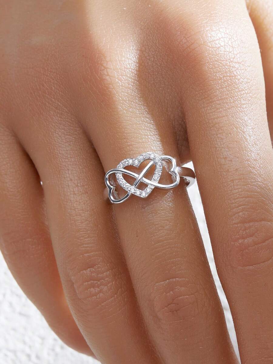 1 件微鑲嵌無限永恆心形 925 純銀戒指適合女士日常佩戴首飾 - 銀色 - 查看 1