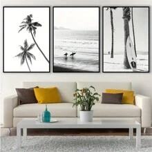 3 Pezzi Quadro Su Tela Senza Cornice, Poster D'arte Moderna Con Paesaggi Costieri In Bianco E Nero E Immagini Fotografiche Di Surf In Mare Con Tavola Da Surf. Regalo Ideale Per Camera Da Letto, Soggiorno, Corridoio O Per Decorazioni Pareti Invernali