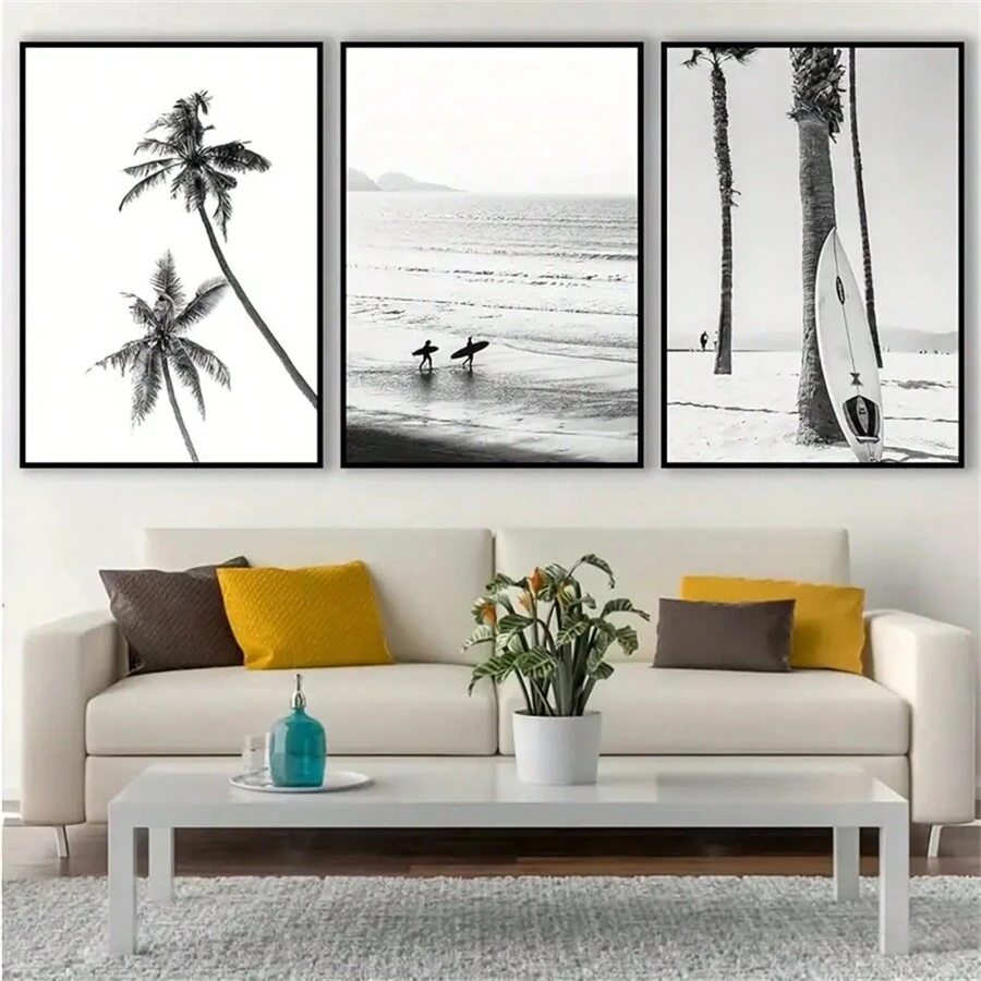 3 Pezzi Quadro Su Tela Senza Cornice, Poster D'arte Moderna Con Paesaggi Costieri In Bianco E Nero E Immagini Fotografiche Di Surf In Mare Con Tavola Da Surf. Regalo Ideale Per Camera Da Letto, Soggiorno, Corridoio O Per Decorazioni Pareti Invernali