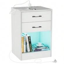 SUMTONG  LED Nightstand With 4 Charging Station And 2 Drawers, Modern Bedside Table Drawers, Modern Night Stand With High Gloss Panel - 白色 - 查看 2