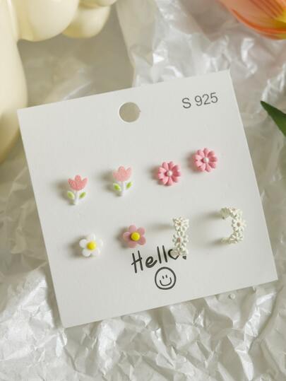 Conjunto De 8 Piezas De Aretes De Cerámica De Tulipanes Rosa Con Rocío De Pintura En Espray, Combinación De Estilo Fresco Y Elegante Para Mujeres Jóvenes Estudiantes