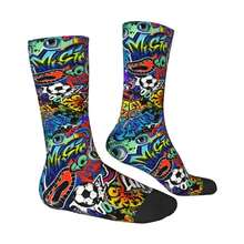 卡通怪物吉他遊戲手柄塗鴉復古原宿塗鴉藝術圖案嘻哈新穎休閒團隊瘋狂襪子禮物男孩禮物 - 彩色 - 查看 3