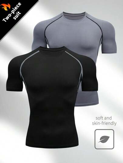 男友风 男士 2 件套健身高弹力修身吸湿排汗纯色短袖跑步健身房训练运动上衣