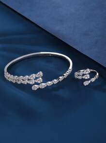 Bracelet & Ring Set Jewelry, Luxurious And Elegant Bling Bling Design With Multiple Rows Of Combination, Open-Ended Bracelet Ring, Suitable For Gifting, Women Daily And Holiday Wear.