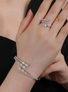 Bracelet & Ring Set Jewelry, Luxurious And Elegant Bling Bling Design With Multiple Rows Of Combination, Open-Ended Bracelet Ring, Suitable For Gifting, Women Daily And Holiday Wear.