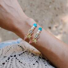 Fashionable Women's Handmade Woven Turquoise, Rhinestone Smiling Face, Faux Pearl Bracelet, Stackable Luxury Style Best Friend Gifts