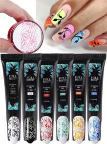 6件套彩色美甲印花凝胶套装，包含黑色、白色、绿色、红色、蓝色、黄色美甲印花板、转印贴纸、美甲配件工具 - 彩色 - 查看 2
