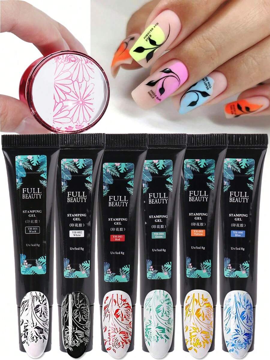 6件套彩色美甲印花凝胶套装，包含黑色、白色、绿色、红色、蓝色、黄色美甲印花板、转印贴纸、美甲配件工具