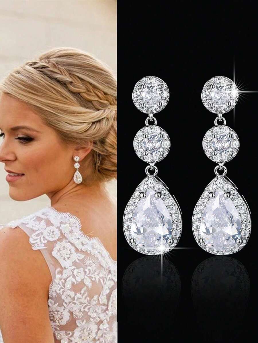 一对奢华新娘立方氧化锆水滴形吊坠耳环，适合女士婚纱、日常佩戴，皇家风范。情人节配饰 - A - 查看 1