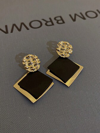 1 对优雅法式复古奢华几何方形欧美时尚女士耳环