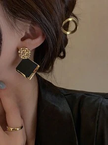 1 对优雅法式复古奢华几何方形欧美时尚女士耳环 - 黑色 - 查看 5