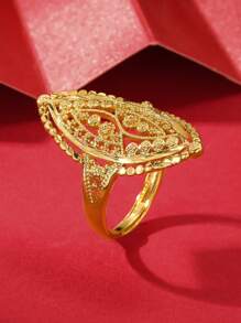 1pc Dubai & Gold-Plated Square Ring With Hollow Out Floral & Wide Band, Gift & Luxurious Lady Gift In Gold Color - Gold - View 11