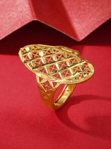 1pc Dubai & Gold-Plated Square Ring With Hollow Out Floral & Wide Band, Gift & Luxurious Lady Gift In Gold Color - Gold - View 8